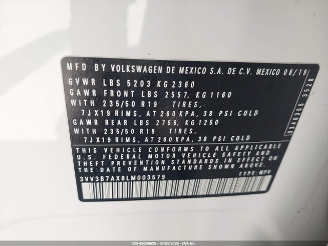 3VV3B7AX8LM003579 Volkswagen Tiguan 2.0t Se/2.0t Se R-line Black/2.0t Sel
