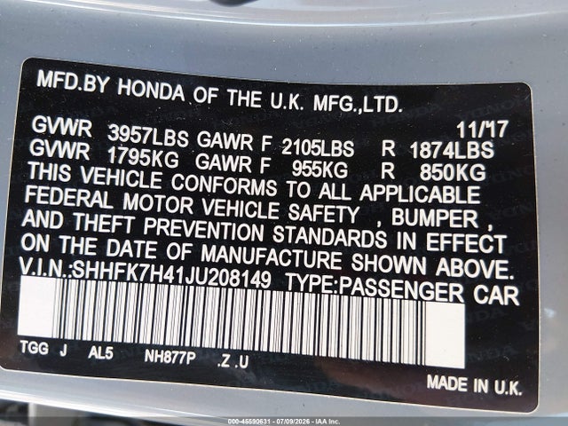 SHHFK7H41JU208149 Honda Civic Sport