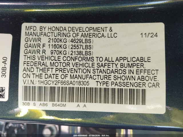 Aukcja sprzedaży 2025 Honda Accord Hybrid Ex-l, vin: 1HGCY2F66SA018305, numer aukcji: 45590640