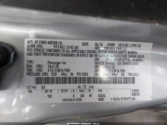 Ford FOCUS SE 2016 1FADP3F27GL364583 Image 9