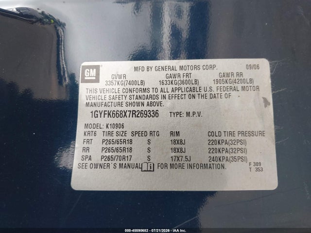 2007 Cadillac Escalade Esv Standard მანქანა იყიდება აუქციონზე, vin: 1GYFK668X7R269336, აუქციონის ნომერი: 45590682