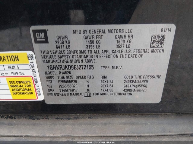 2014 Chevrolet Traverse Ltz მანქანა იყიდება აუქციონზე, vin: 1GNKRJKD9EJ272155, აუქციონის ნომერი: 45590691