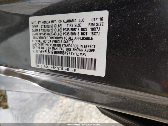 2016 Honda Odyssey Touring/touring Elite მანქანა იყიდება აუქციონზე, vin: 5FNRL5H91GB058497, აუქციონის ნომერი: 45590698