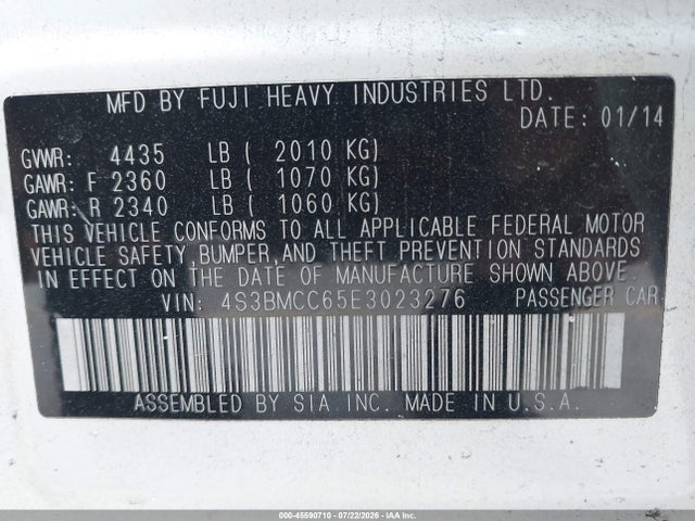 45590710 :رقم المزاد ، 4S3BMCC65E3023276 vin ، 2014 Subaru Legacy 2.5i Premium مزاد بيع