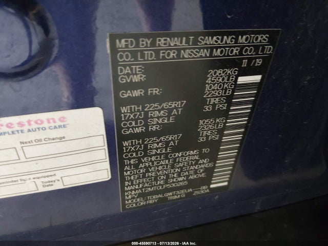 45590713 :رقم المزاد ، KNMAT2MT0LP530265 vin ، 2020 Nissan Rogue Sv Fwd مزاد بيع