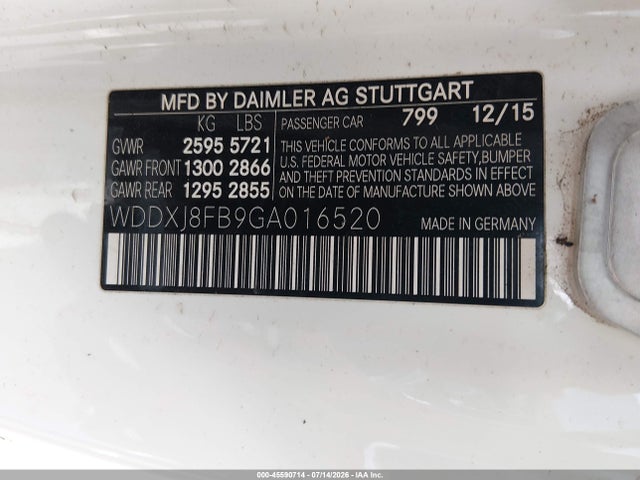 45590714 :رقم المزاد ، WDDXJ8FB9GA016520 vin ، 2016 Mercedes-benz S 550 4matic مزاد بيع