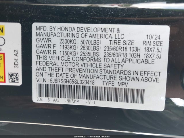 Продажа на аукционе авто 2025 Honda Cr-v Hybrid Sport, vin: 5J6RS6H55SL023418, номер лота: 45590717