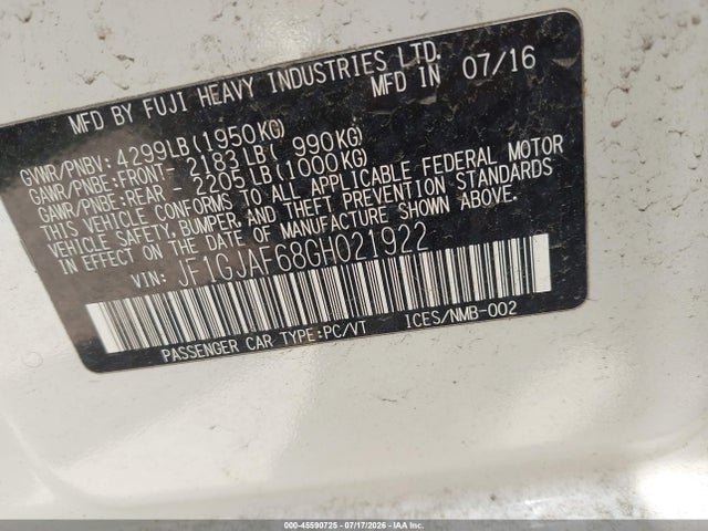 2016 Subaru Impreza 2.0i Premium მანქანა იყიდება აუქციონზე, vin: JF1GJAF68GH021922, აუქციონის ნომერი: 45590725