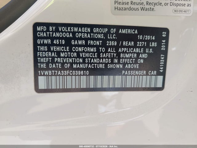 Volkswagen Passat 1.8t Se 2015 1VWBT7A33FC039610 Image 9