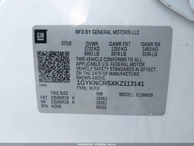 2019 Cadillac Xt5 Luxury მანქანა იყიდება აუქციონზე, vin: 1GYKNCRSXKZ113141, აუქციონის ნომერი: 45590736