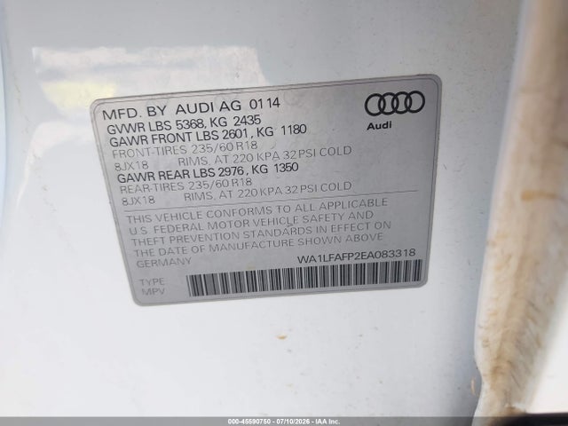 45590750 :رقم المزاد ، WA1LFAFP2EA083318 vin ، 2014 Audi Q5 2.0t Premium مزاد بيع