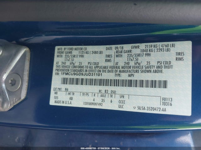 Ford ESCAPE SE 2018 1FMCU9GD9JUD31101 Image 9