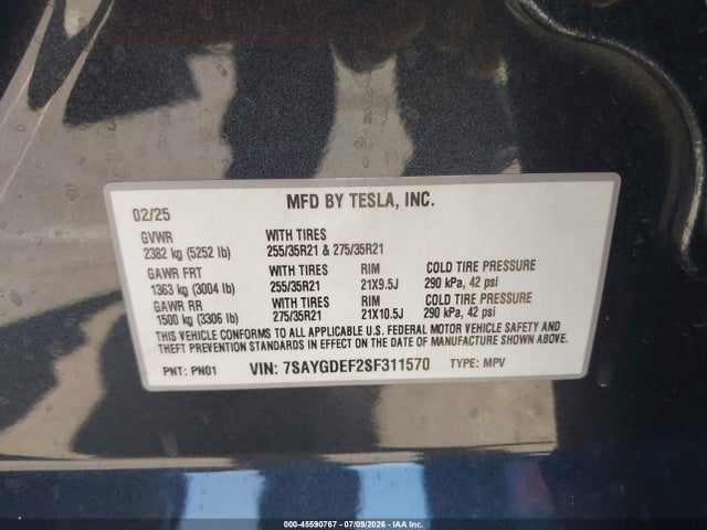 Aukcja sprzedaży 2025 Tesla Model Y Performance Dual Motor All-wheel Drive, vin: 7SAYGDEF2SF311570, numer aukcji: 45590767