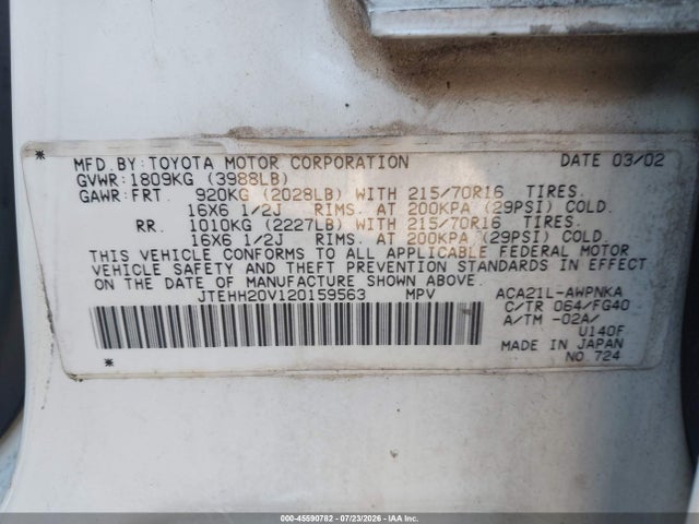 Aukcja sprzedaży 2002 Toyota Rav4, vin: JTEHH20V120159563, numer aukcji: 45590782