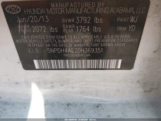 2013 Hyundai Elantra Gls მანქანა იყიდება აუქციონზე, vin: 5NPDH4AE2DH369351, აუქციონის ნომერი: 45590789