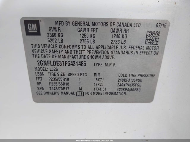2015 Chevrolet Equinox Ltz მანქანა იყიდება აუქციონზე, vin: 2GNFLDE37F6431485, აუქციონის ნომერი: 45590794