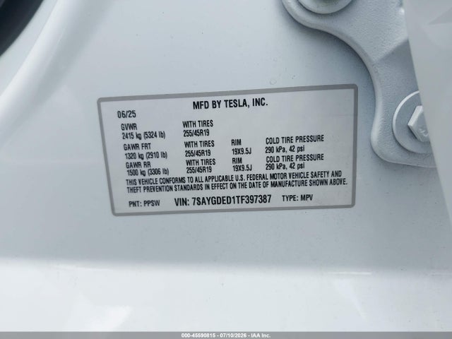 Aukcja sprzedaży 2026 Tesla Model Y Premium Rear-wheel Drive/rear-wheel Drive, vin: 7SAYGDED1TF397387, numer aukcji: 45590815