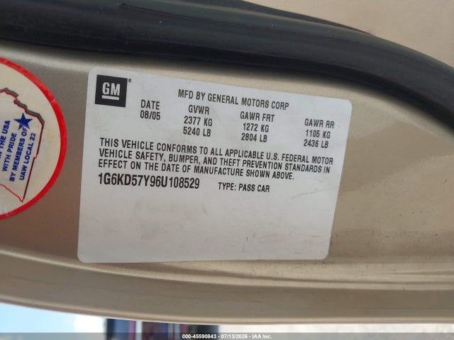 2006 Cadillac Dts 1sb მანქანა იყიდება აუქციონზე, vin: 1G6KD57Y96U108529, აუქციონის ნომერი: 45590843