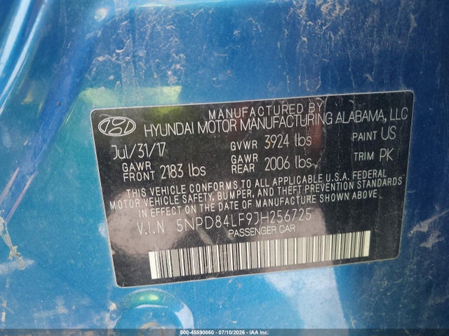 Aukcja sprzedaży 2018 Hyundai Elantra Sel, vin: 5NPD84LF9JH256725, numer aukcji: 45590860