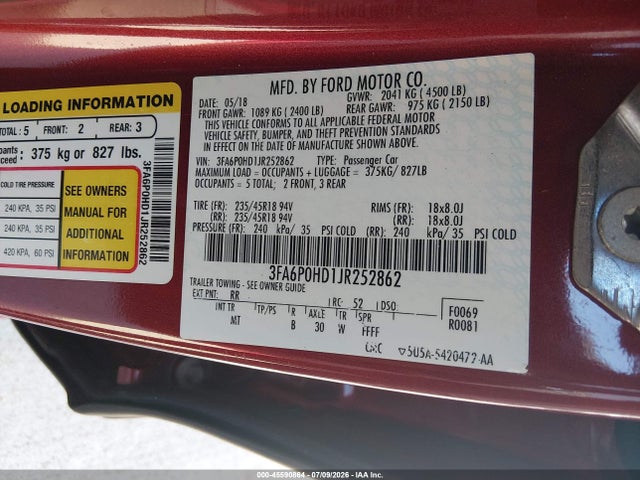 Ford FUSION SE 2018 3FA6P0HD1JR252862 Image 9