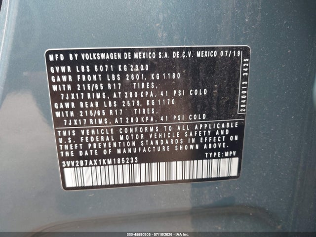 2019 Volkswagen Tiguan 2.0t Se/2.0t Sel/2.0t Sel R-line/2.0t Sel R-line Black მანქანა იყიდება აუქციონზე, vin: 3VV2B7AX1KM185233, აუქციონის ნომერი: 45590905