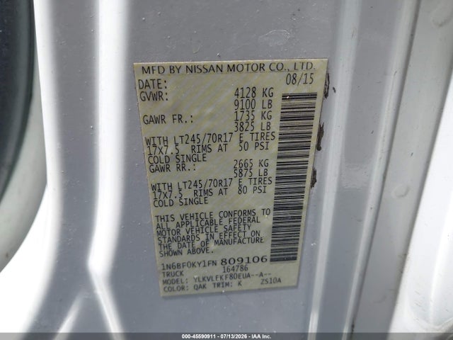 1N6BF0KY1FN809106 Nissan Nv Cargo Nv2500 Hd Sv V6