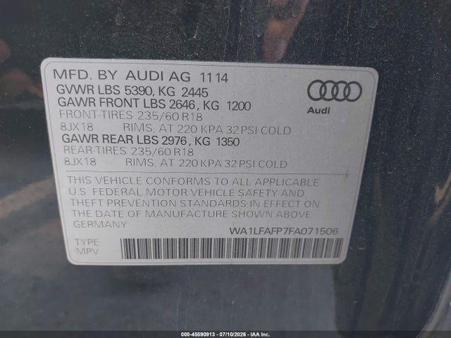 Продажа на аукционе авто 2015 Audi Q5 2.0t Premium, vin: WA1LFAFP7FA071506, номер лота: 45590913
