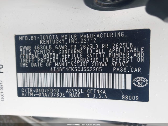 Продажа на аукционе авто 2012 Toyota Camry Le, vin: 4T1BF1FK5CU552205, номер лота: 45590930
