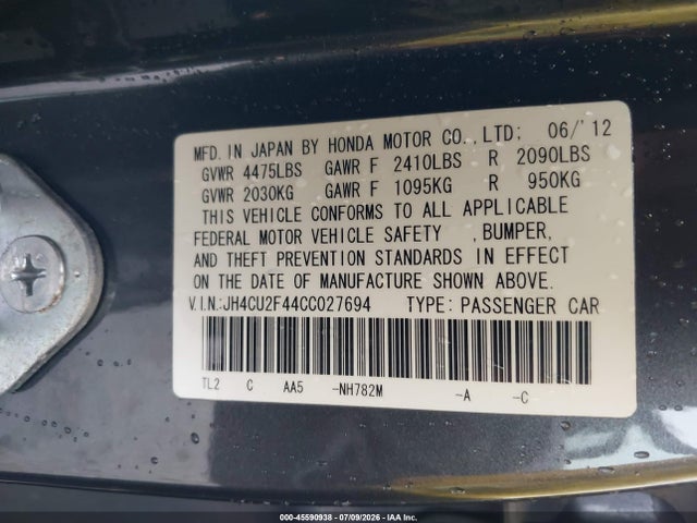 2012 Acura Tsx 2.4 მანქანა იყიდება აუქციონზე, vin: JH4CU2F44CC027694, აუქციონის ნომერი: 45590938