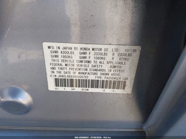 Aukcja sprzedaży 2006 Acura Tsx, vin: JH4CL968X6C000793, numer aukcji: 45590953