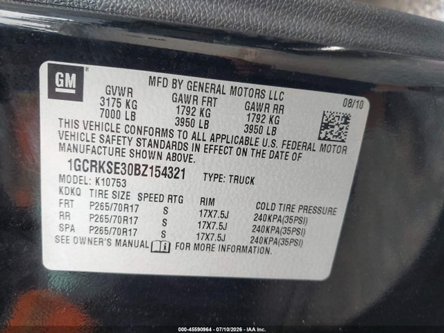 45590964 :رقم المزاد ، 1GCRKSE30BZ154321 vin ، 2011 Chevrolet Silverado 1500 Lt مزاد بيع
