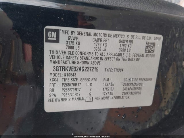 Aukcja sprzedaży 2010 Gmc Sierra 1500 Sle, vin: 3GTRKVE32AG227219, numer aukcji: 45590968