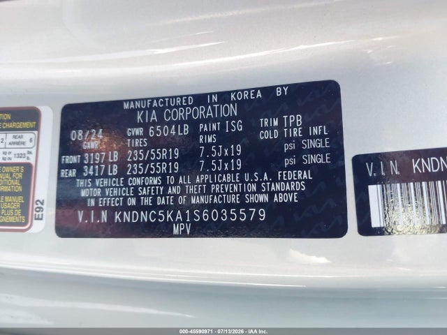 2025 Kia Carnival Mpv Hybrid Ex მანქანა იყიდება აუქციონზე, vin: KNDNC5KA1S6035579, აუქციონის ნომერი: 45590971