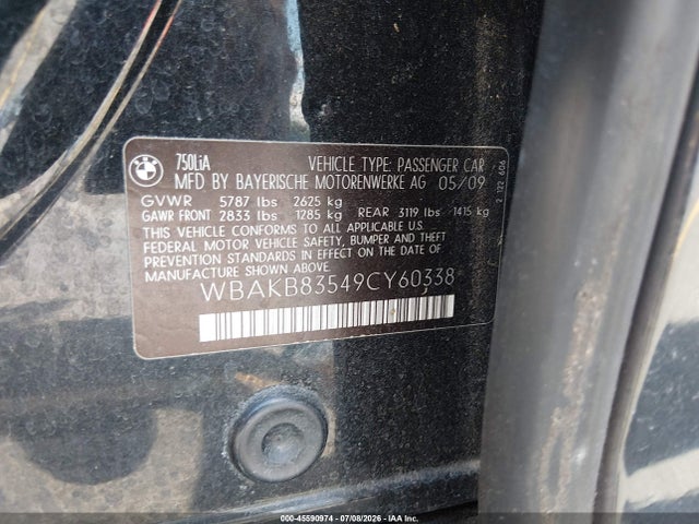 Auction sale of the 2009 Bmw 750li, vin: WBAKB83549CY60338, lot number: 45590974