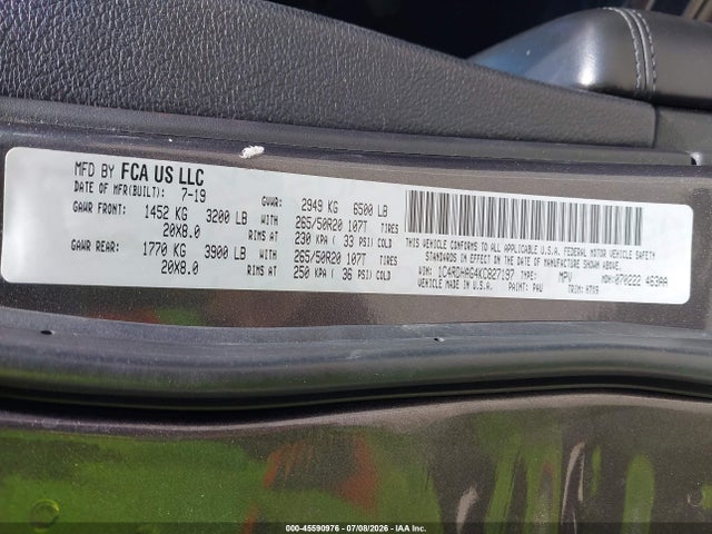 45590976 :رقم المزاد ، 1C4RDHAG4KC827197 vin ، 2019 Dodge Durango Sxt Plus Rwd مزاد بيع