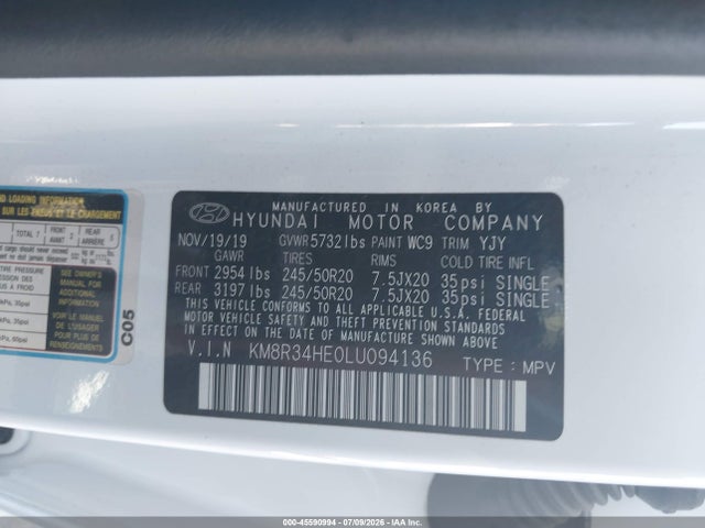 45590994 :رقم المزاد ، KM8R34HE0LU094136 vin ، 2020 Hyundai Palisade Sel مزاد بيع