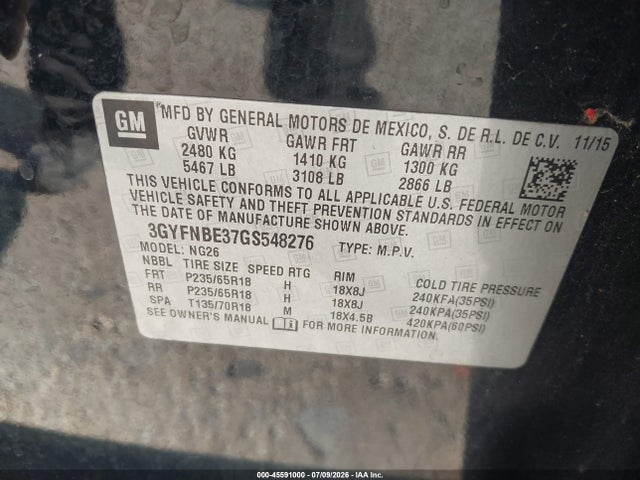45591000 :رقم المزاد ، 3GYFNBE37GS548276 vin ، 2016 Cadillac Srx Luxury Collection مزاد بيع