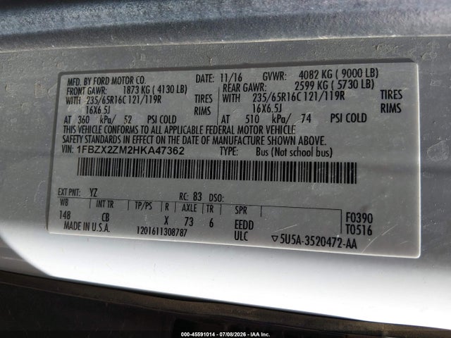 Aukcja sprzedaży 2017 Ford Transit-350 Xl, vin: 1FBZX2ZM2HKA47362, numer aukcji: 45591014