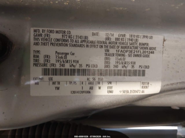 Продаж на аукціоні авто 2015 Ford Focus S, vin: 1FADP3E21FL201248, номер лоту: 45591026