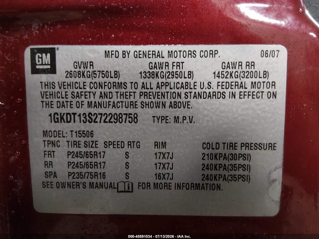45591034 :رقم المزاد ، 1GKDT13S272298758 vin ، 2007 Gmc Envoy Sle Commercial مزاد بيع