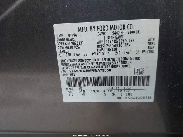 2024 Ford Edge Sel მანქანა იყიდება აუქციონზე, vin: 2FMPK4J96RBA79050, აუქციონის ნომერი: 45591038