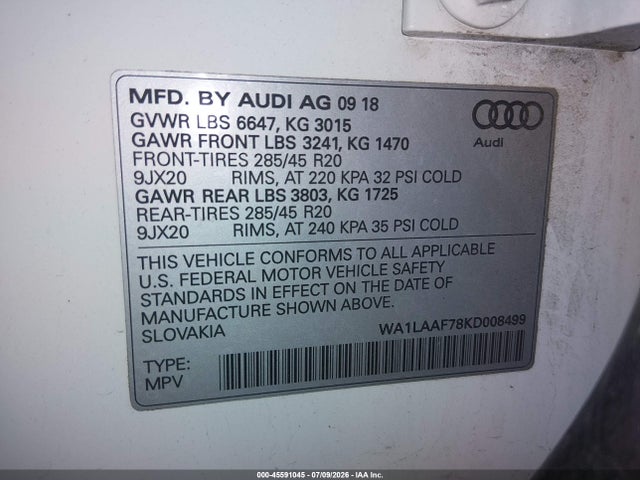 45591045 :رقم المزاد ، WA1LAAF78KD008499 vin ، 2019 Audi Q7 55 Premium/55 Se Premium مزاد بيع