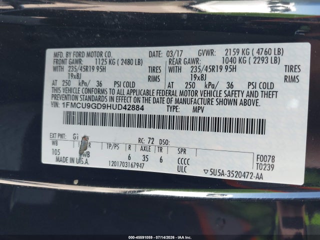 1FMCU9GD9HUD42884 Ford ESCAPE SE
