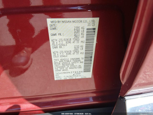 45591064 :رقم المزاد ، 5N1AZ2MH3FN274144 vin ، 2015 Nissan Murano S مزاد بيع