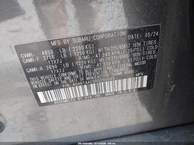 45591063 :رقم المزاد ، 4S4BTAAC0R3290049 vin ، 2024 Subaru Outback مزاد بيع