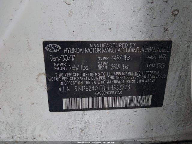 45591072 :رقم المزاد ، 5NPE24AF0HH553773 vin ، 2017 Hyundai Sonata Se مزاد بيع