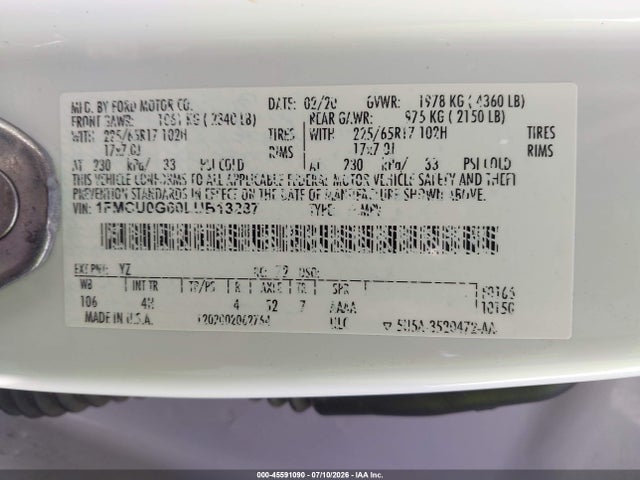 Продажа на аукционе авто 2020 Ford Escape Se, vin: 1FMCU0G60LUB13287, номер лота: 45591090
