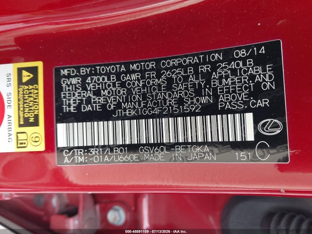45591109 :رقم المزاد ، JTHBK1GG4F2151592 vin ، 2015 Lexus Es 350 مزاد بيع