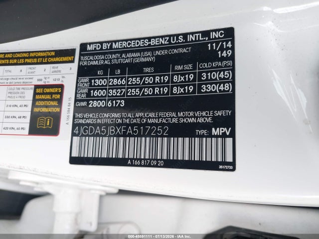 Продажа на аукционе авто 2015 Mercedes-benz Ml 350, vin: 4JGDA5JBXFA517252, номер лота: 45591111