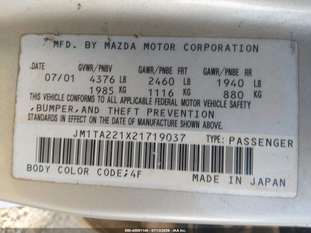 Продаж на аукціоні авто 2002 Mazda Millenia P/ps, vin: JM1TA221X21719037, номер лоту: 45591140